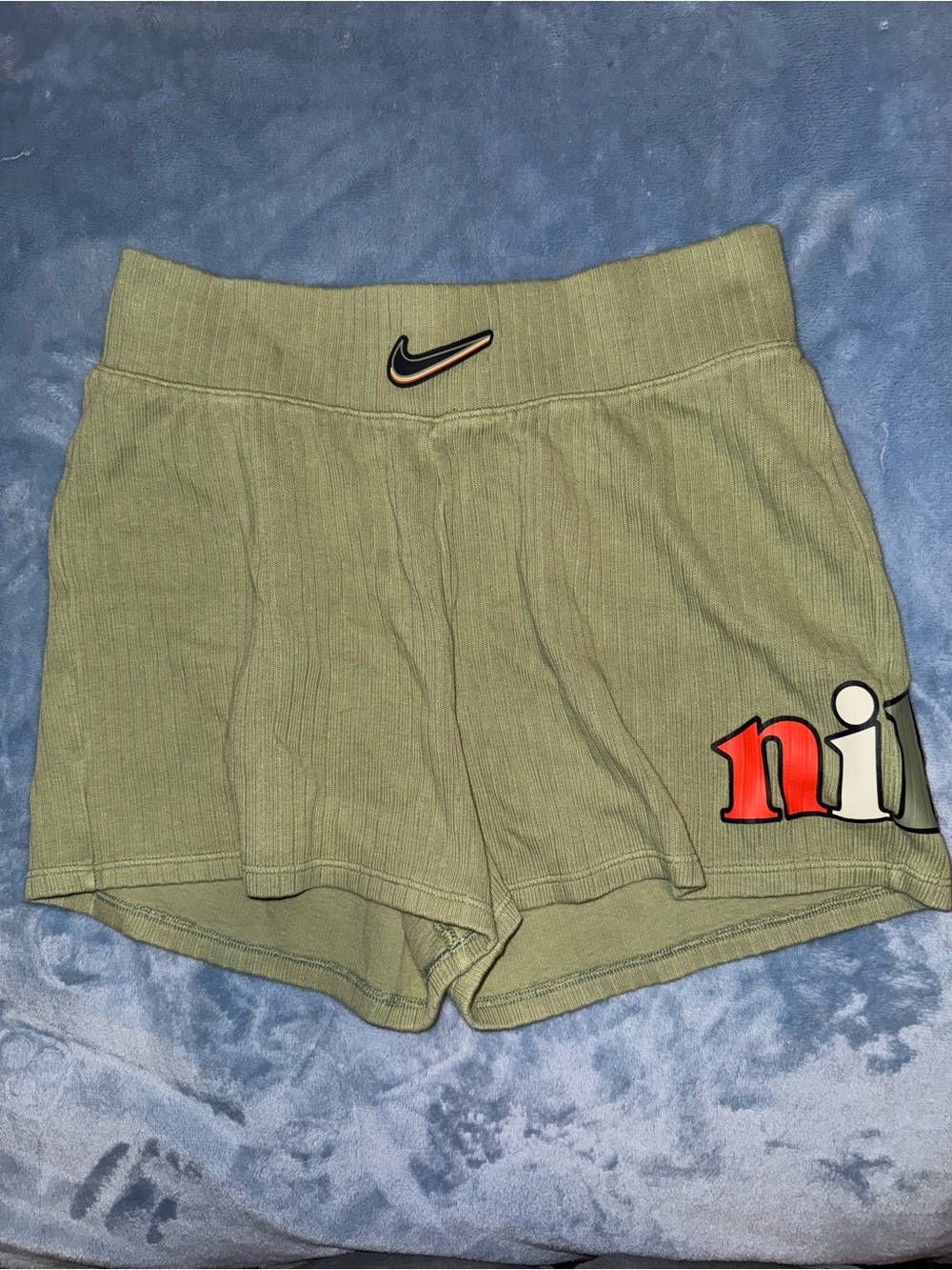 Nike Olive Ribbed High-Waist Athletic Shorts with Logo-Size Large